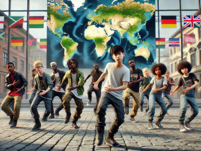 A group of diverse youth performing an energetic flash mob in an urban square, symbolizing global unity with a subtle world map in the background showing Germany, Africa, South America, and other regions.