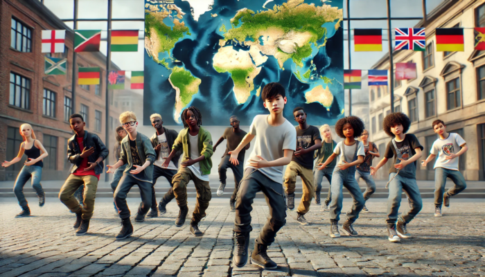 A group of diverse youth performing an energetic flash mob in an urban square, symbolizing global unity with a subtle world map in the background showing Germany, Africa, South America, and other regions.