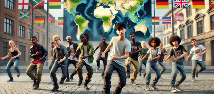 A group of diverse youth performing an energetic flash mob in an urban square, symbolizing global unity with a subtle world map in the background showing Germany, Africa, South America, and other regions.